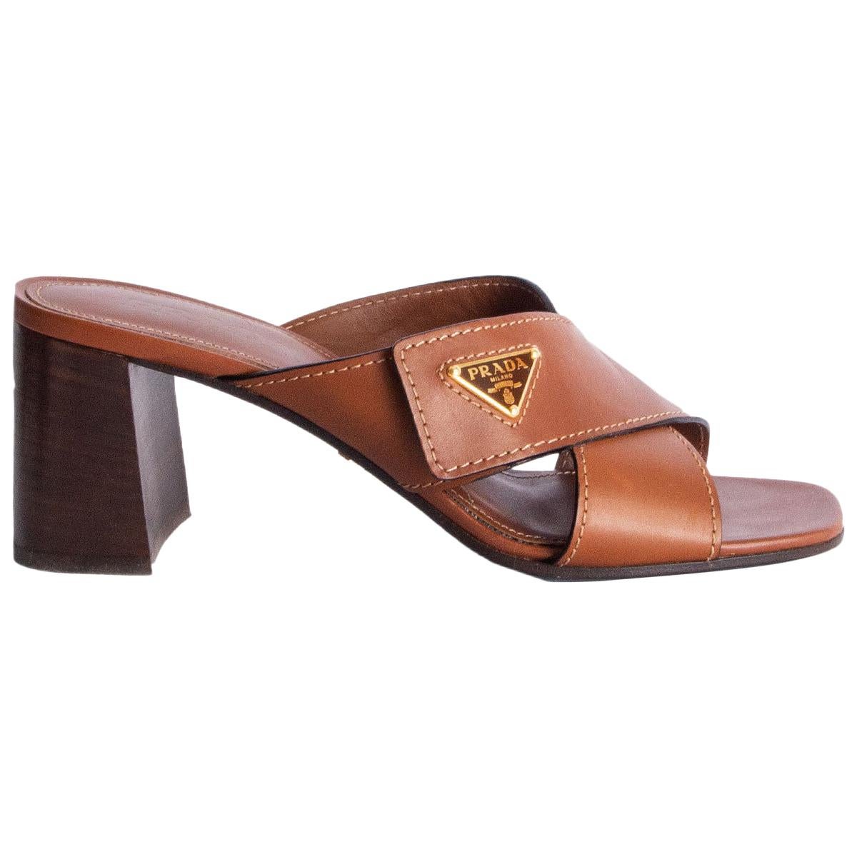 PRADA cognac brown leather CRISS CROSS BLOCK HEEL Sandals Shoes 39.5