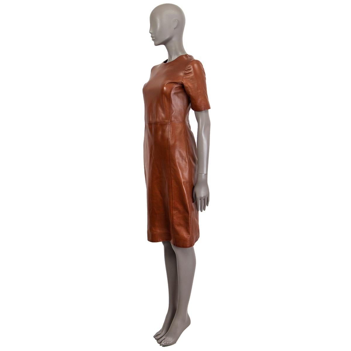 Brown PRADA cognac brown LEATHER SHORT SLEEVE SHIFT Dress 42 M For Sale