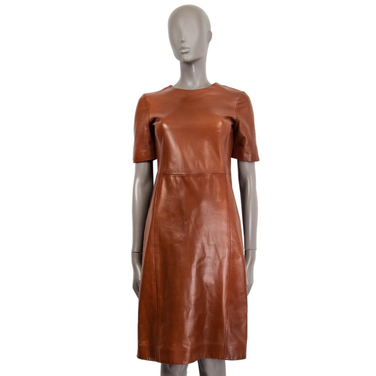 Women's PRADA cognac brown LEATHER SHORT SLEEVE SHIFT Dress 42 M For Sale