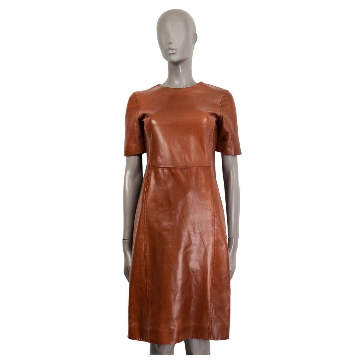 PRADA cognac brown LEATHER SHORT SLEEVE SHIFT Dress 42 M For Sale