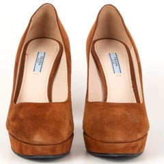 PRADA cognac brown suede CLASSIC PLATFORM Pumps Shoes 40.5