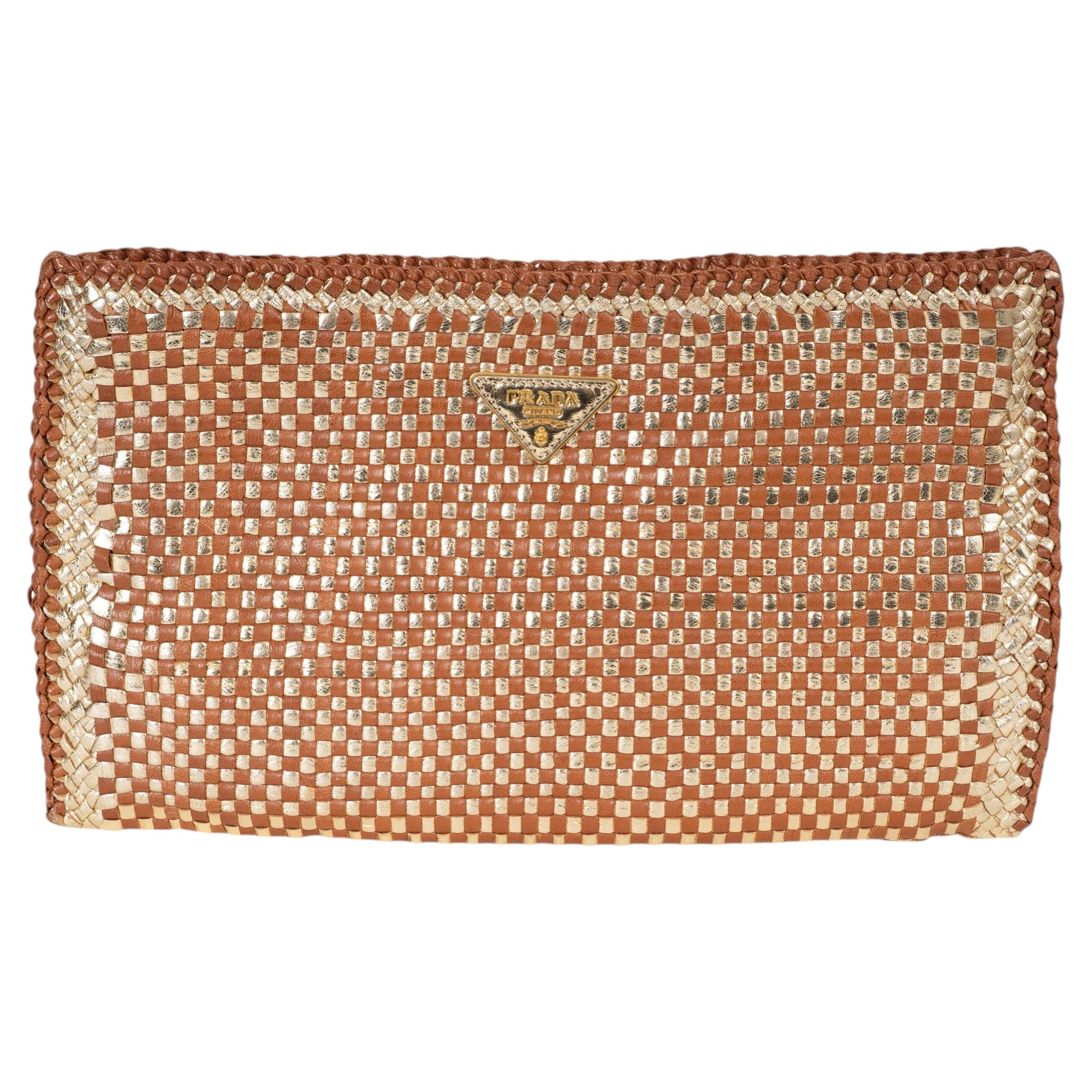PRADA cognac & gold leather 2011 MADRAS WOVEN Clutch Bag For Sale