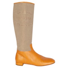 PRADA cognac leather & LOGO CANVAS Flat Boots Shoes 40