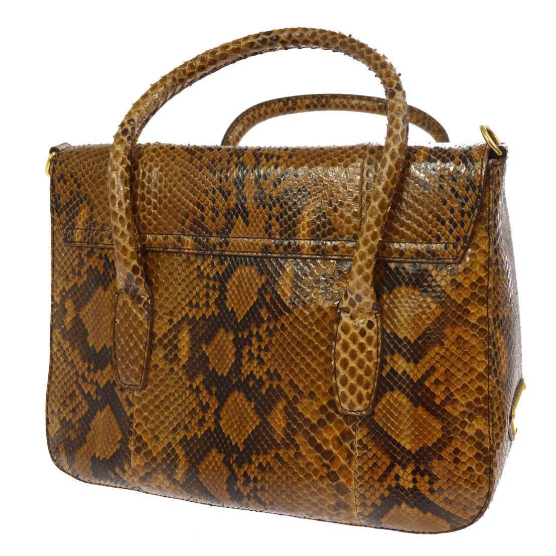 Prada Cognac Snakeskin Top Handle Satchel Evening Bag with Shoulder Strap Bag