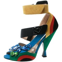 Prada Color Block Suede Asymmetric Jeweled Ankle Strap Sandals Size 38.5