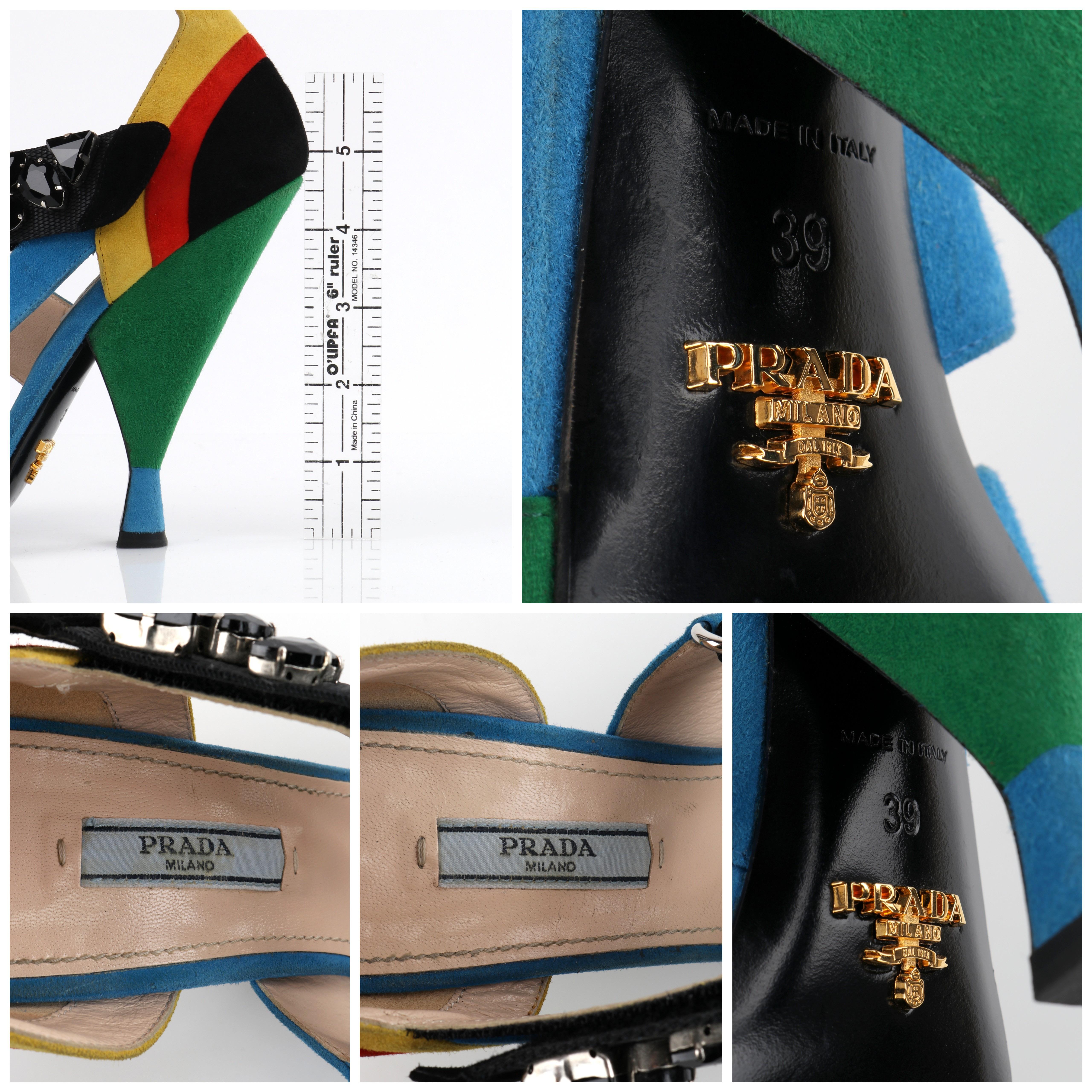 PRADA Color Block Suede Modern Abstract Jeweled Strappy Peep Toe Sandal Pumps 2