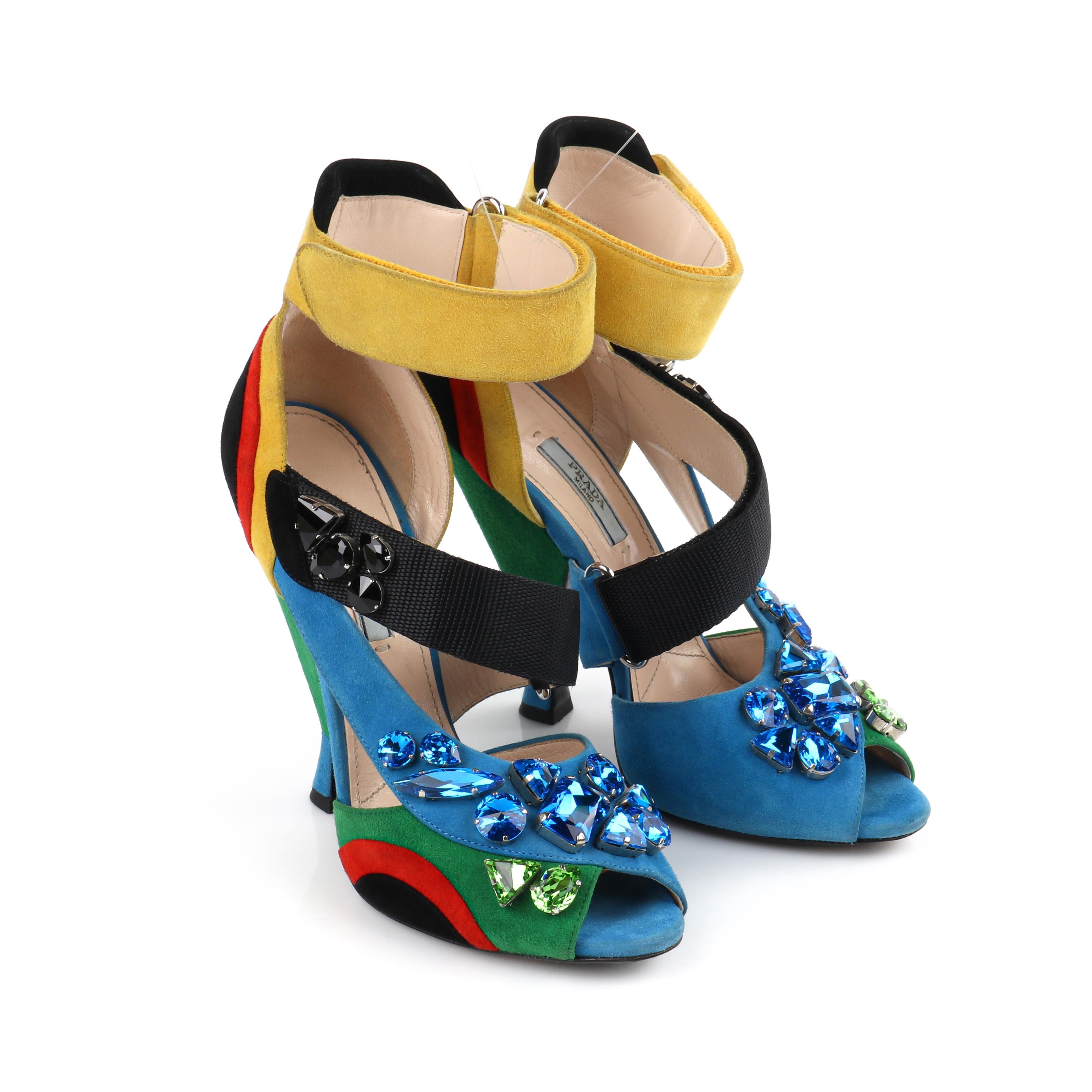 Blue PRADA Color Block Suede Modern Abstract Jeweled Strappy Peep Toe Sandal Pumps