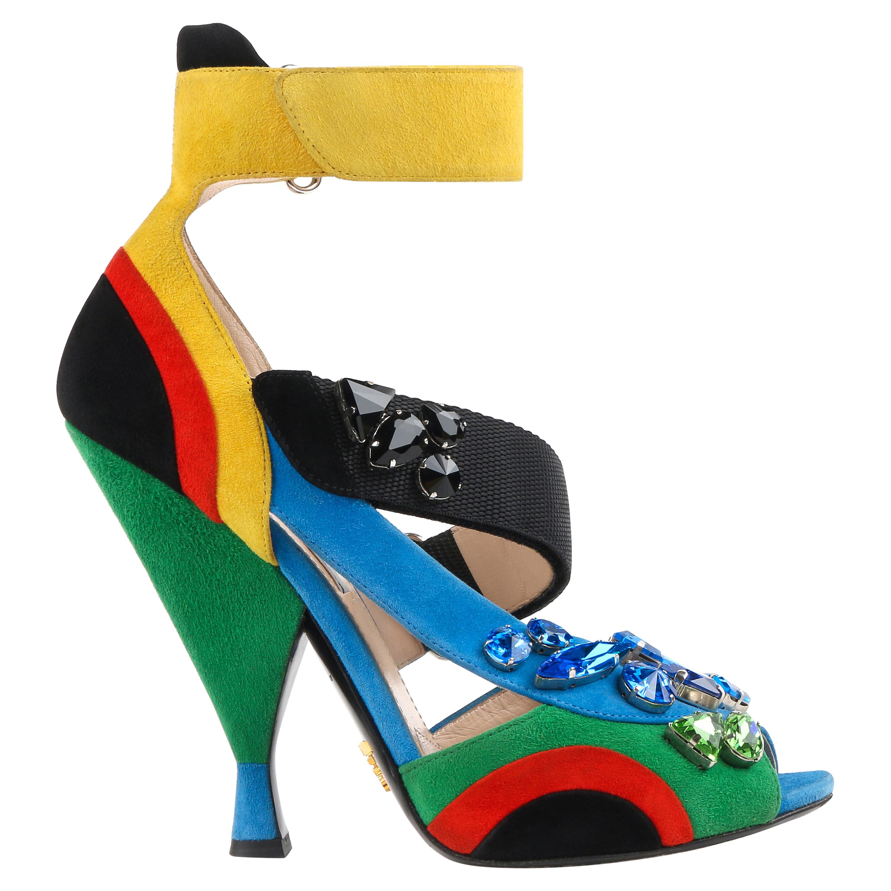 PRADA Color Block Suede Modern Abstract Jeweled Strappy Peep Toe Sandal Pumps