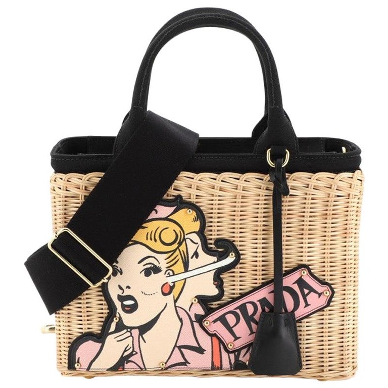 Prada Comic Basket Bag Wicker with Canapa and Applique Small at 1stDibs |  prada comic bag, prada wicker bag, prada cartoon bag