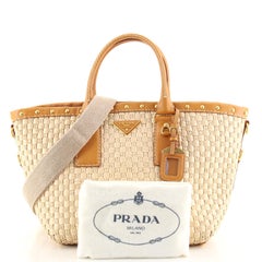 Prada Convertible Basket Bag Woven Raffia with Studded Leather Medium