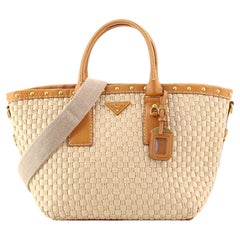 Prada Convertible Basket Bag Woven Raffia with Studded Leather Medium