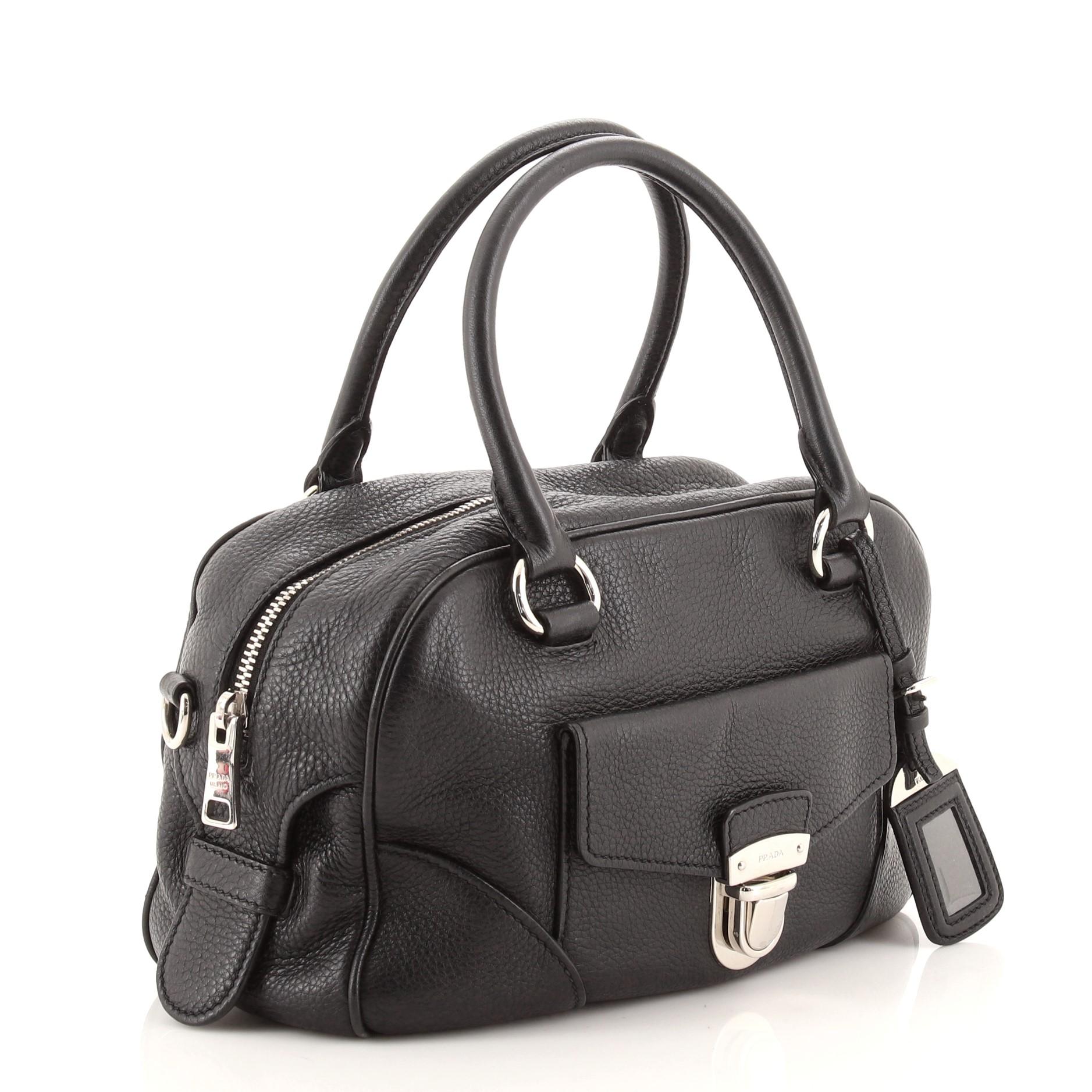 Black Prada Convertible Front Pocket Boston Bag Vitello Daino Small
