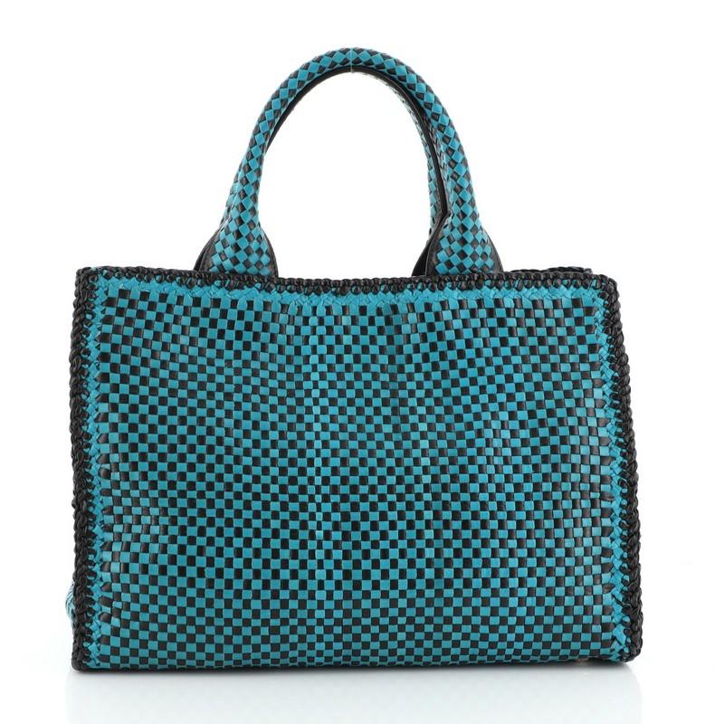 Blue Prada Convertible Open Tote Madras Woven Leather Medium