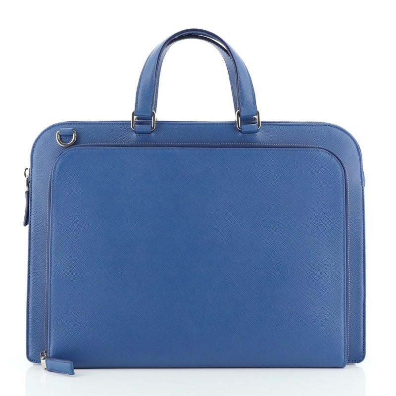 Blue Prada Convertible Travel Briefcase Saffiano Leather