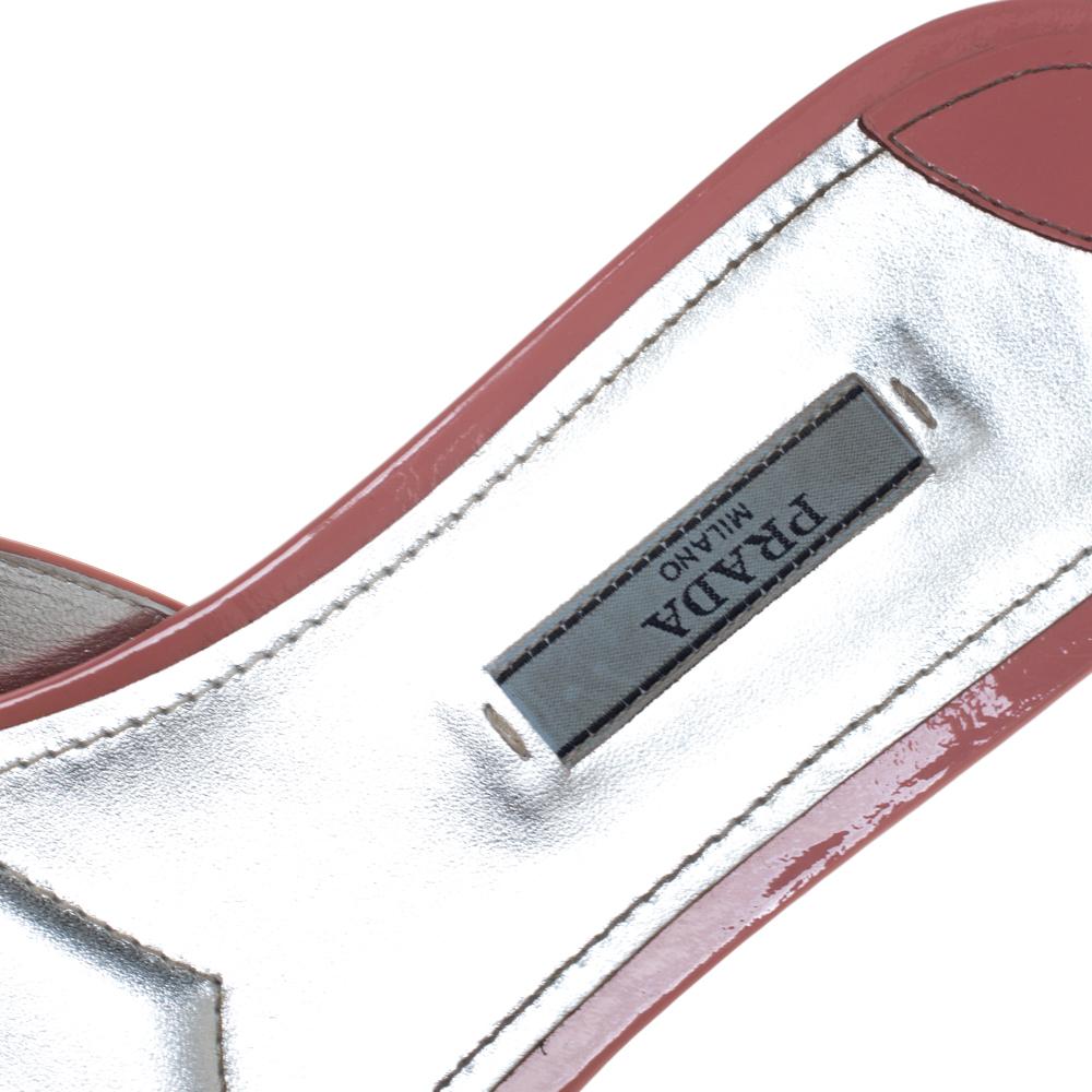 Prada Coral Pink Patent Leather Crystal And Bow Embellished Flat Slides Size 40 1