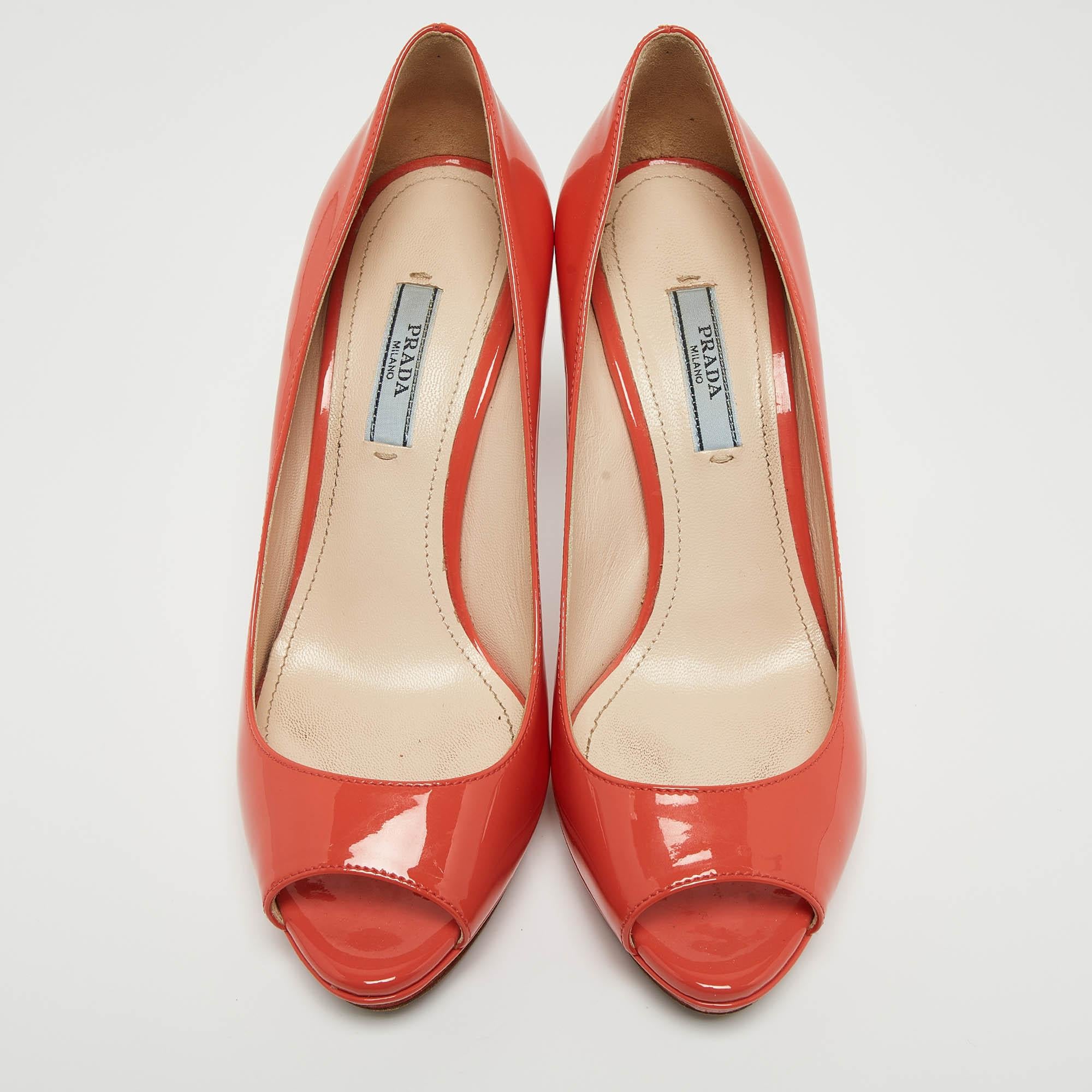 Orange Prada Coral Pink Patent Leather Peep Toe Platform Pumps Size 36.5 For Sale