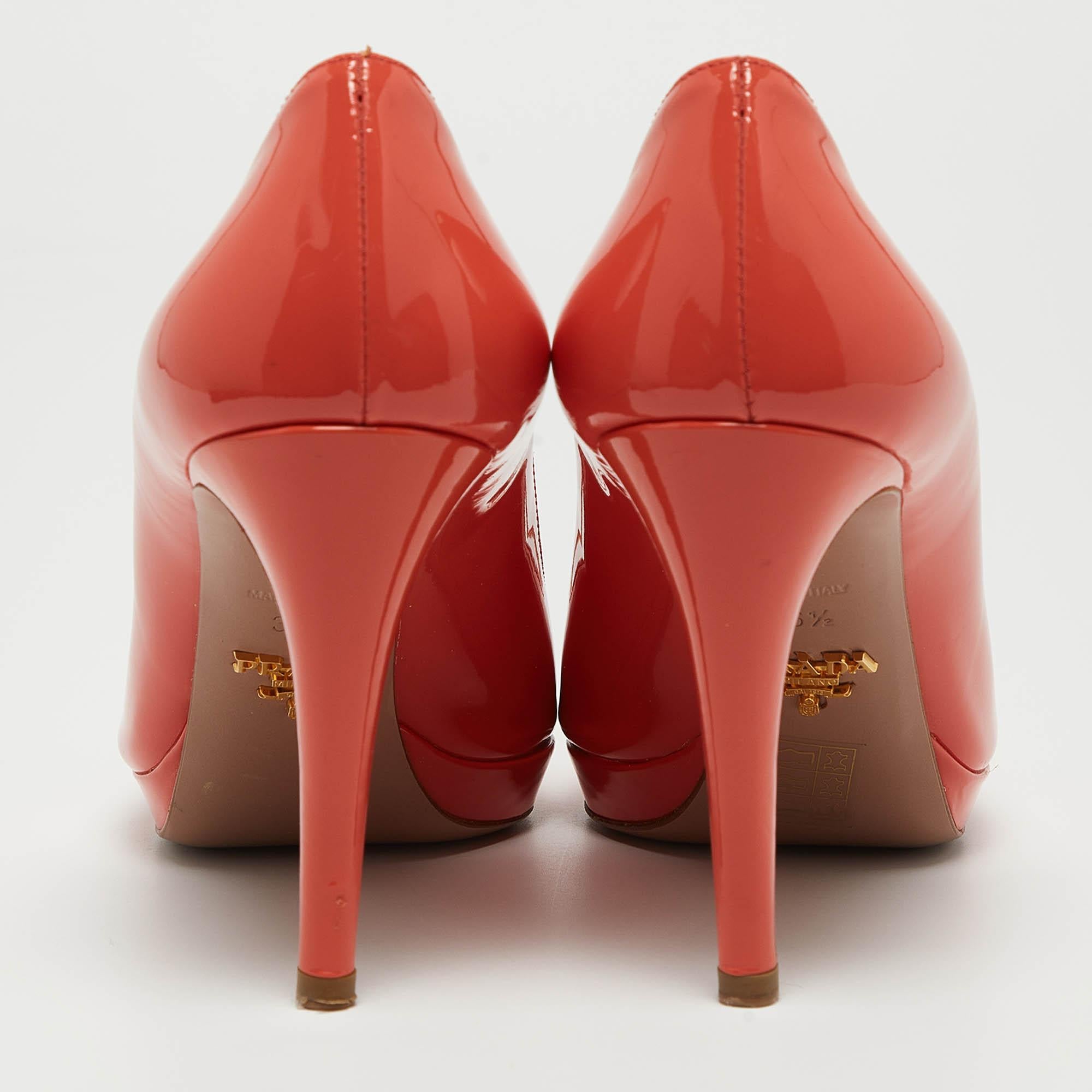 Women's Prada Coral Pink Patent Leather Peep Toe Platform Pumps Size 36.5 For Sale