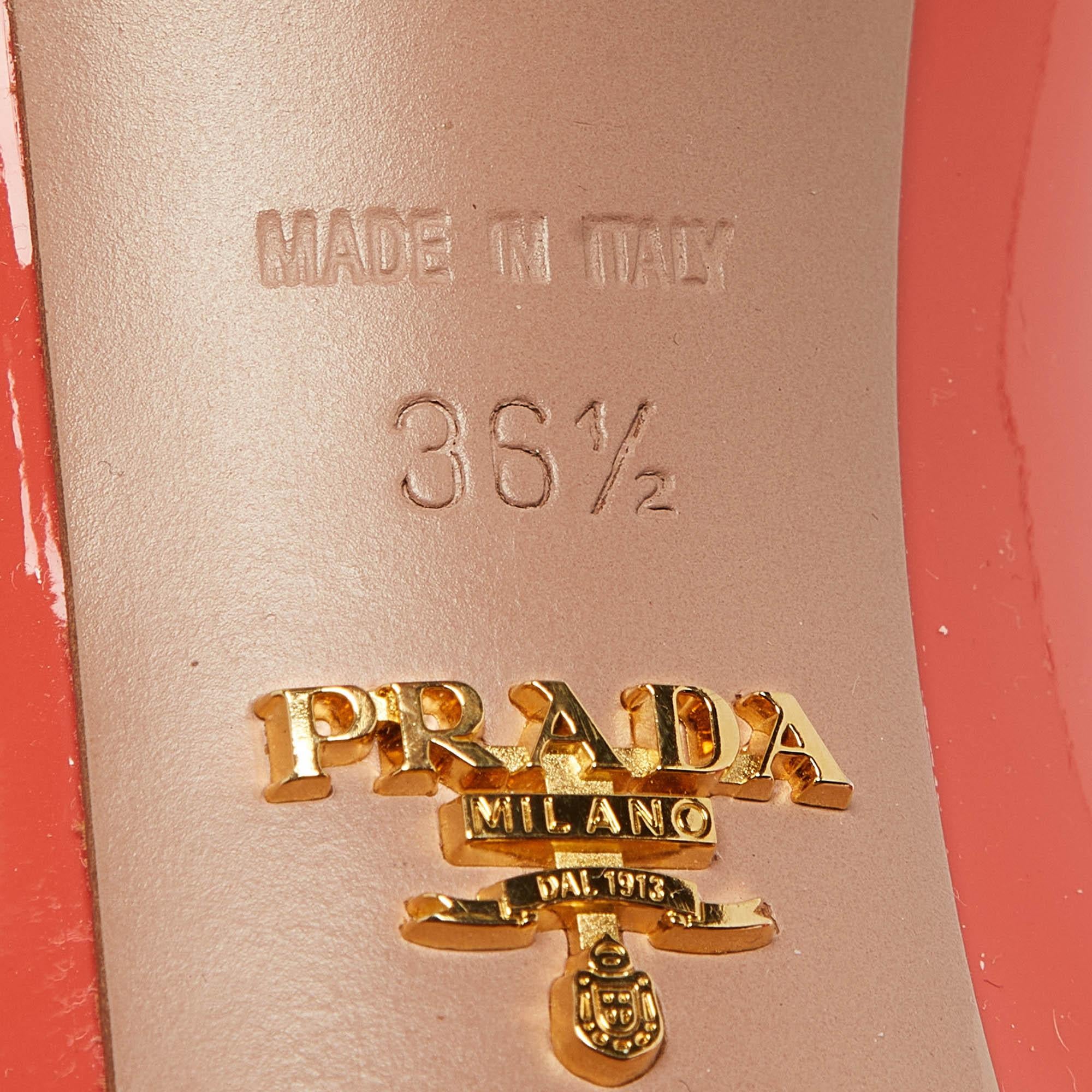 Prada Coral Pink Patent Leather Peep Toe Platform Pumps Size 36.5 For Sale 2