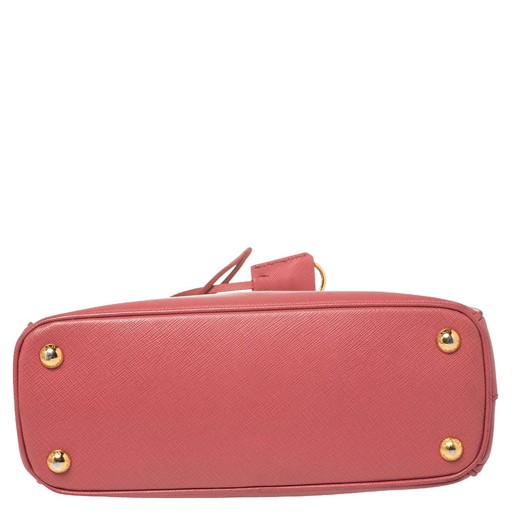 Women's Prada Coral Pink Saffiano Lux Leather Mini Galleria Double Zip Tote
