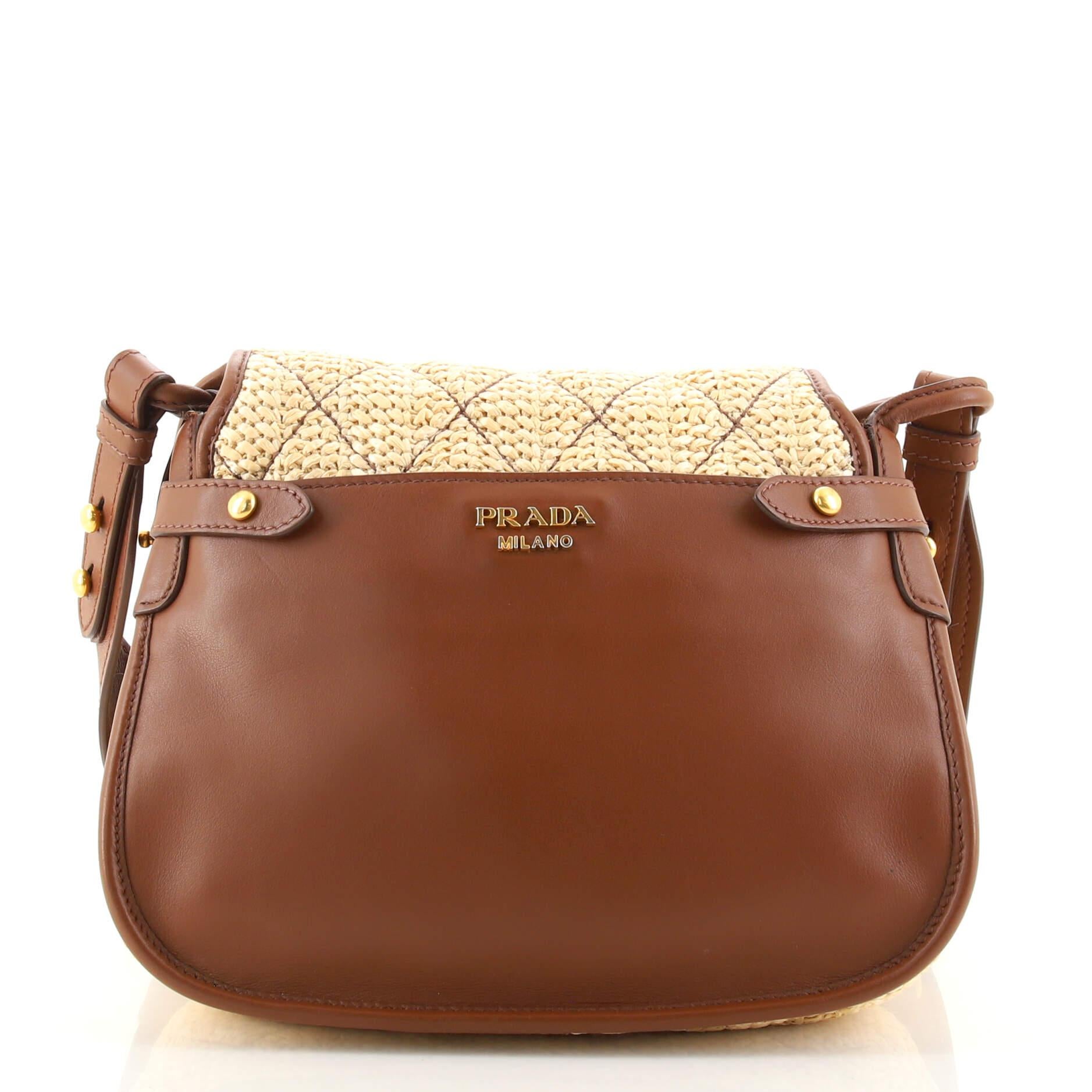 Brown Prada Corsaire Messenger Bag Quilted Straw and Leather