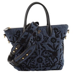 Prada Corsaire Zip Tote Embroidered Quilted Denim Small