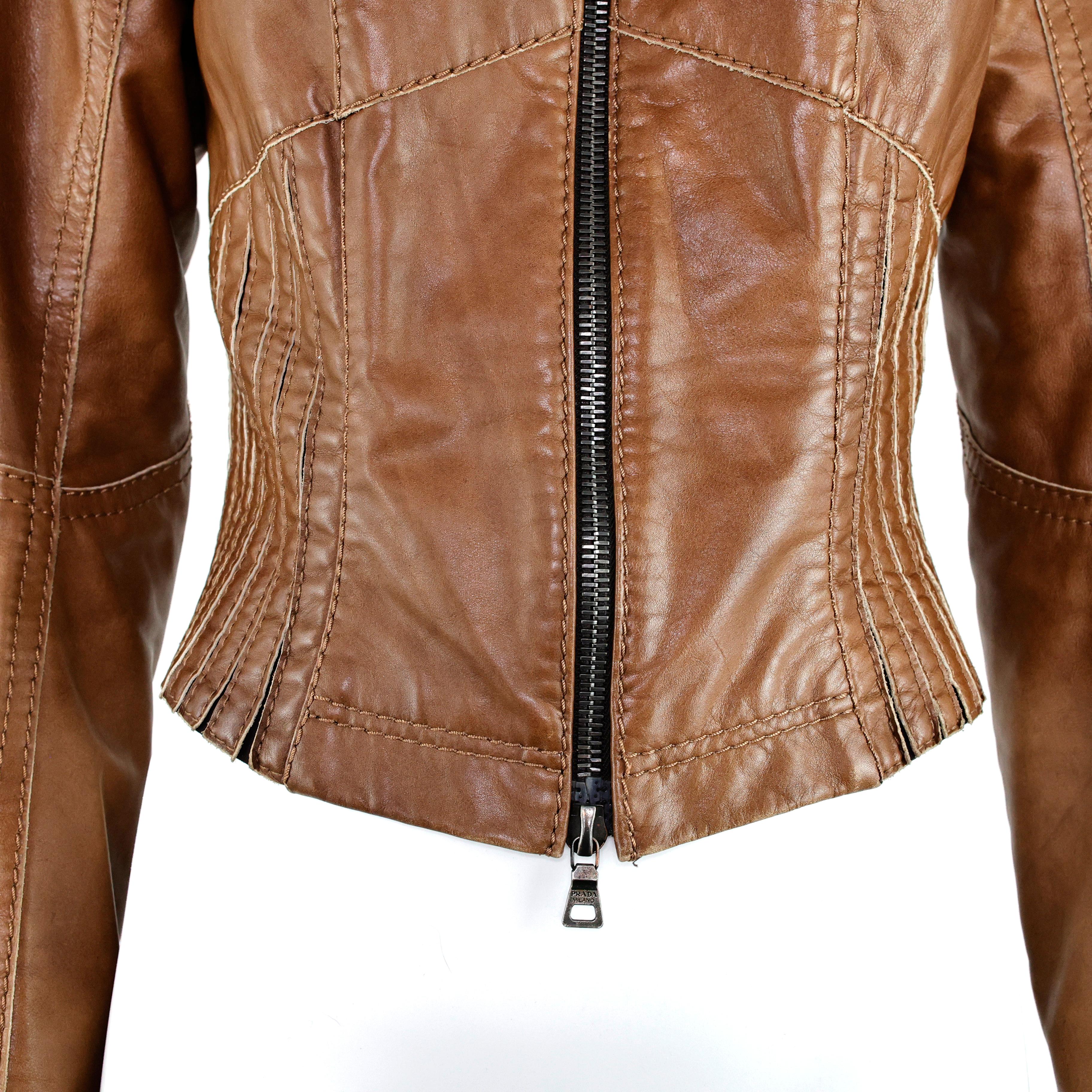 Brown Prada Corset Lace-up Leather Jacket For Sale