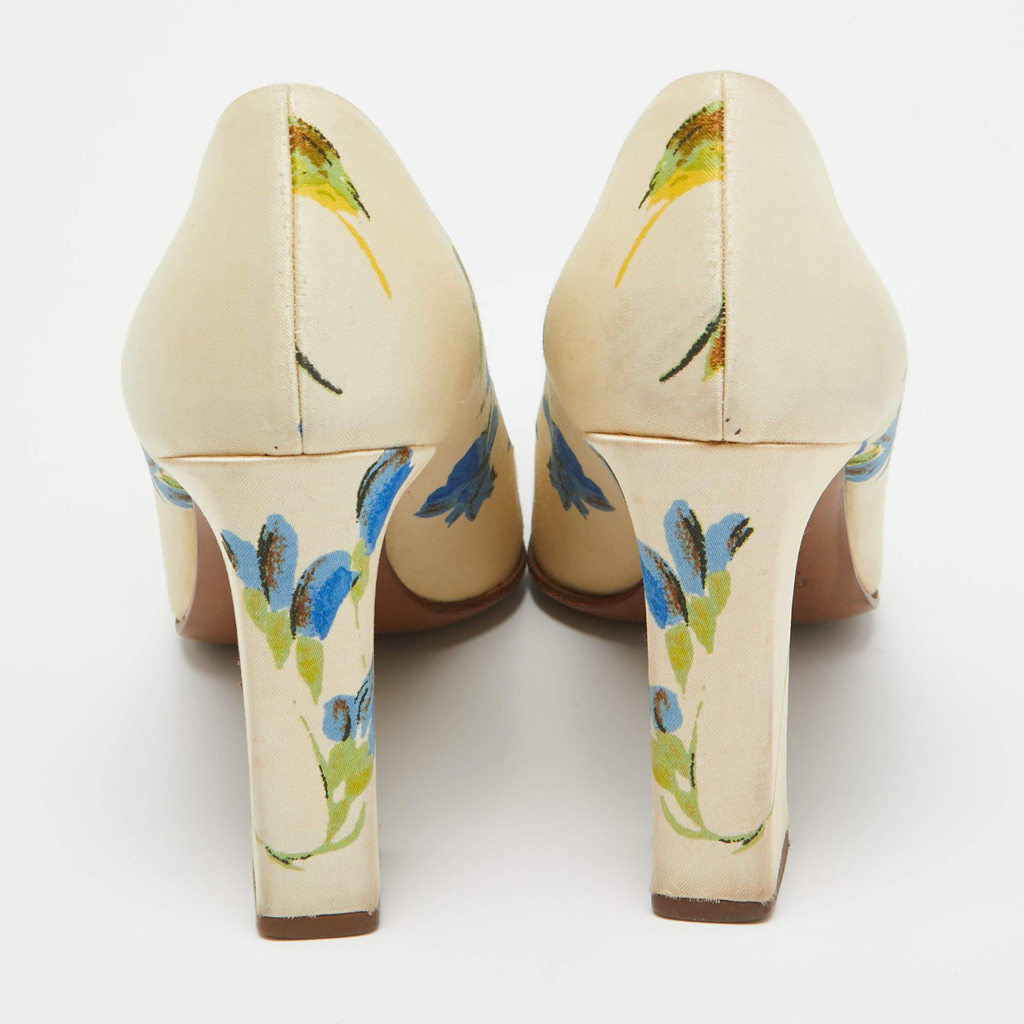Women's Prada Cream Floral Print Satin Square Toe Pumps Size 36.5 For Sale