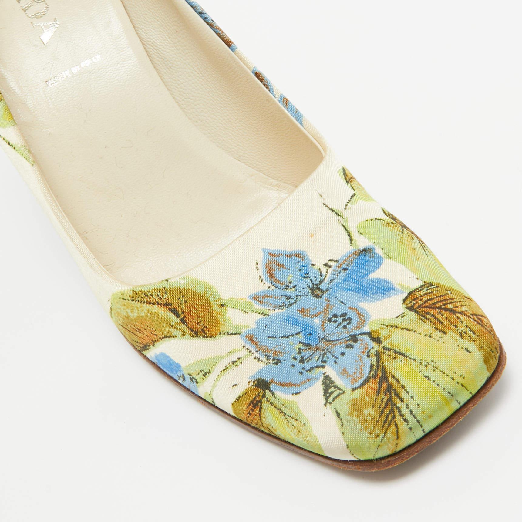 Prada Cream Floral Print Satin Square Toe Pumps Size 36.5 For Sale 2
