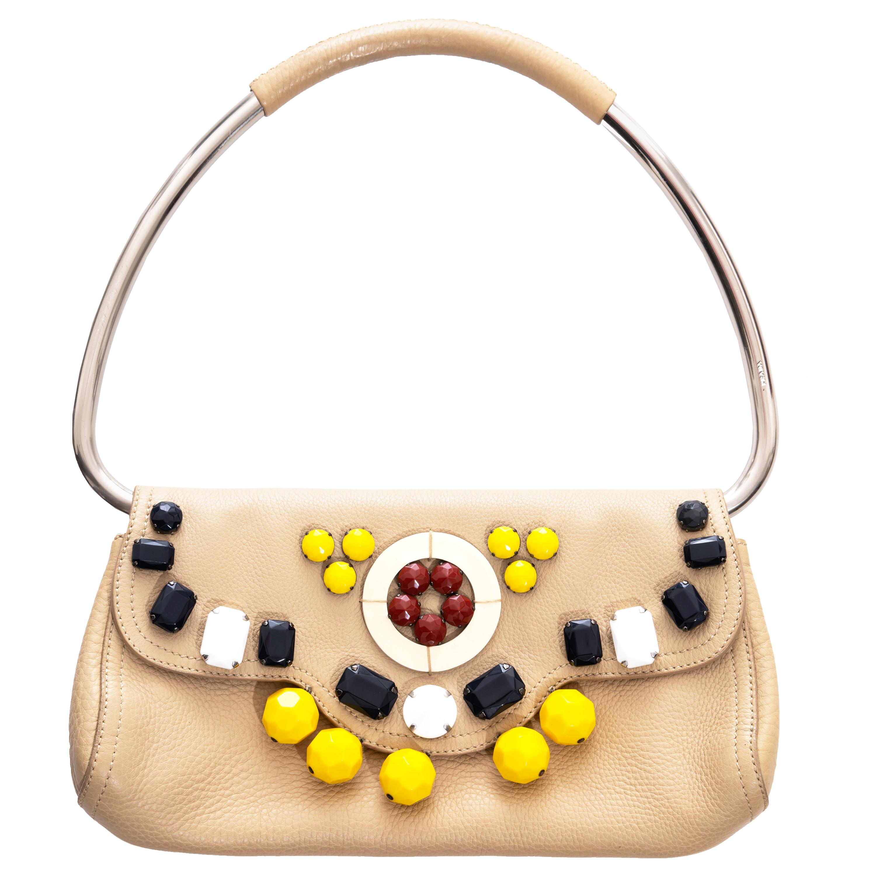 Prada cream leather beaded flap bag with metal bar handle, ss 2003 For Sale  at 1stDibs