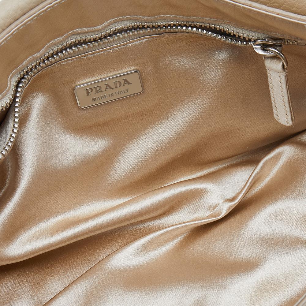 Beige Prada Cream Leather Beaded Flap Shoulder Bag