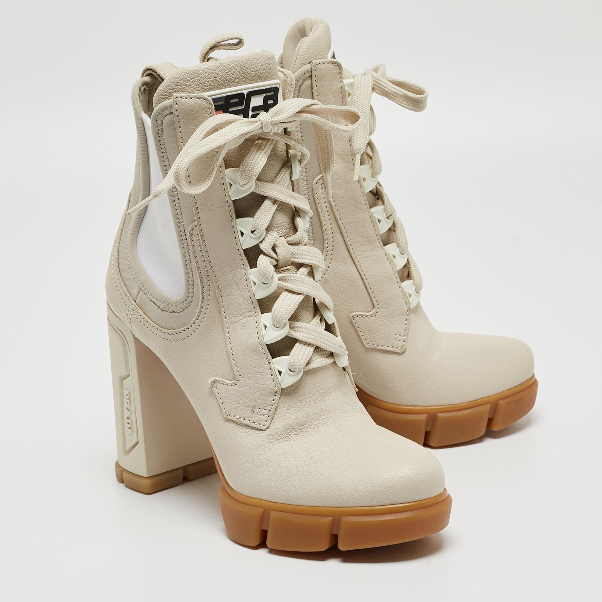Beige Prada Cream Neoprene and Leather Lace Up Combat Boots Size 38
