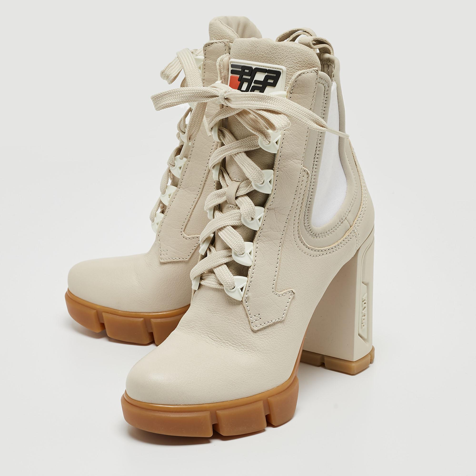 Prada Cream Neoprene and Leather Lace Up Combat Boots Size 38 3