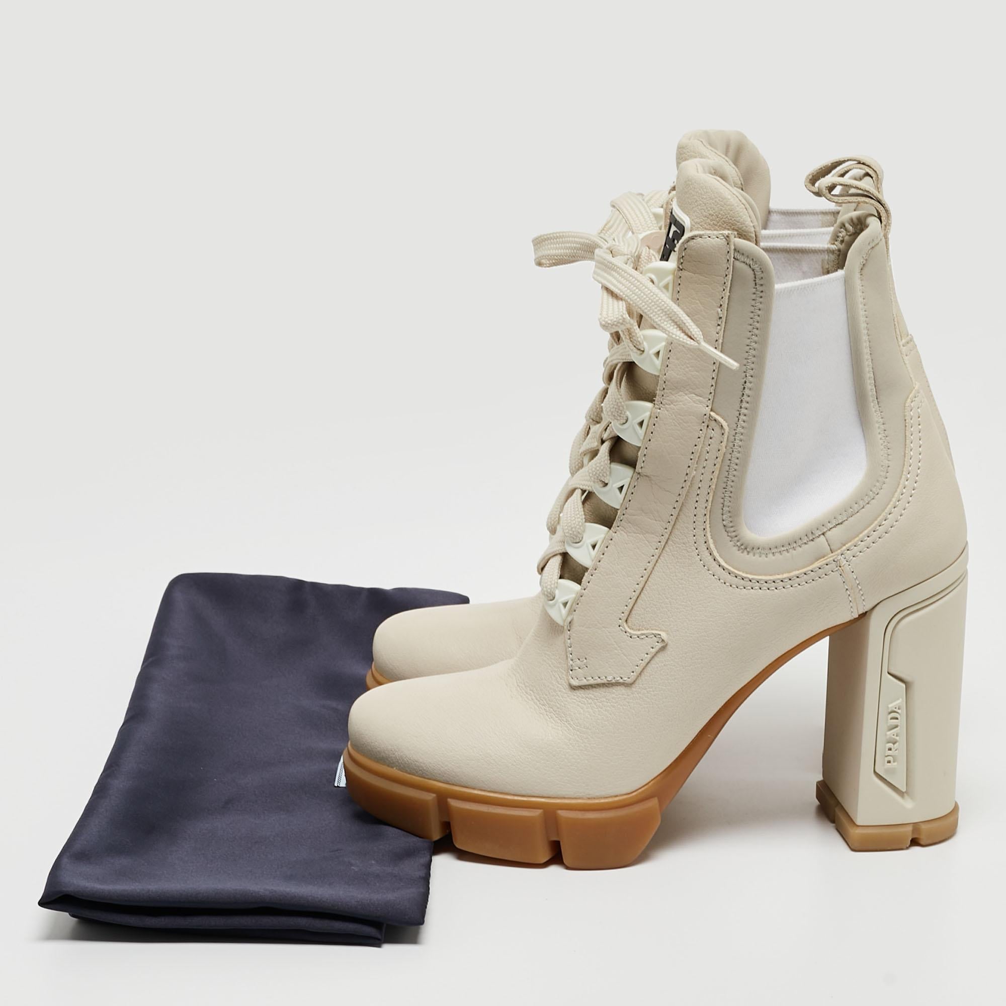 Prada Cream Neoprene and Leather Lace Up Combat Boots Size 38 4
