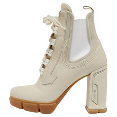 Used Prada Cream Neoprene and Leather Lace Up Combat Boots Size 38