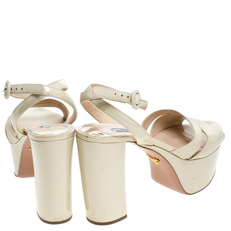 Beige Prada Cream Patent Leather Ankle Strap Block Heel Platform Sandals Size 40.5