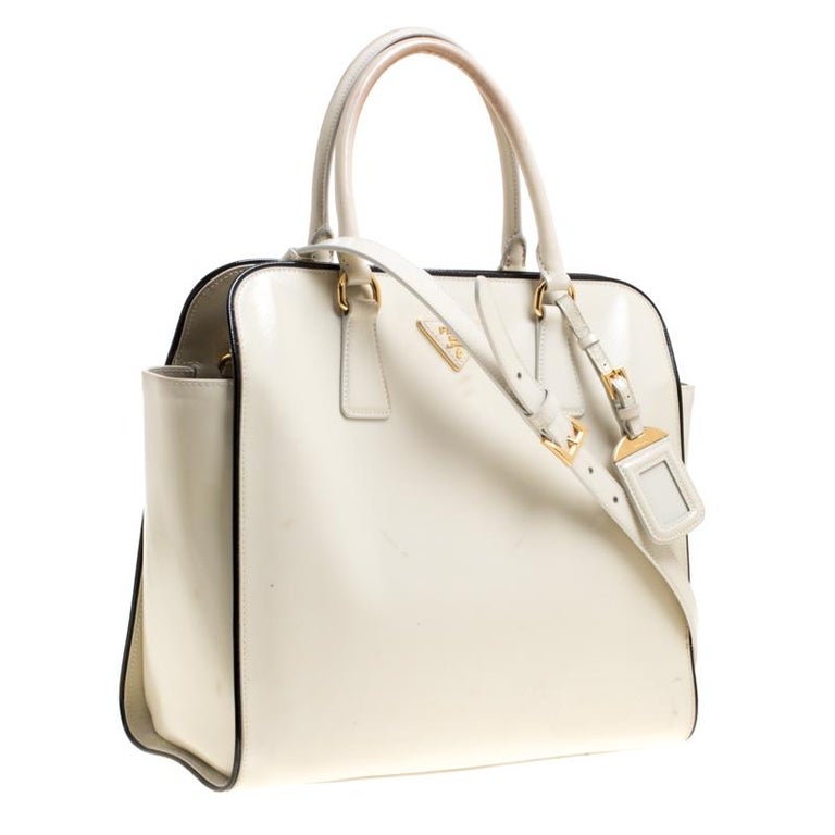 Prada Cream Patent Leather Tote For Sale at 1stDibs