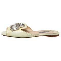 Prada Cream Patent Saffiano Leather Crystal Embellished Flat Sandals Size 38