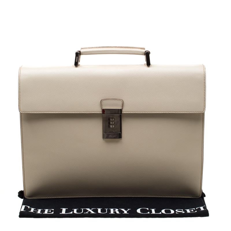 Prada Cream Saffiano Cuir Leather Briefcase 6