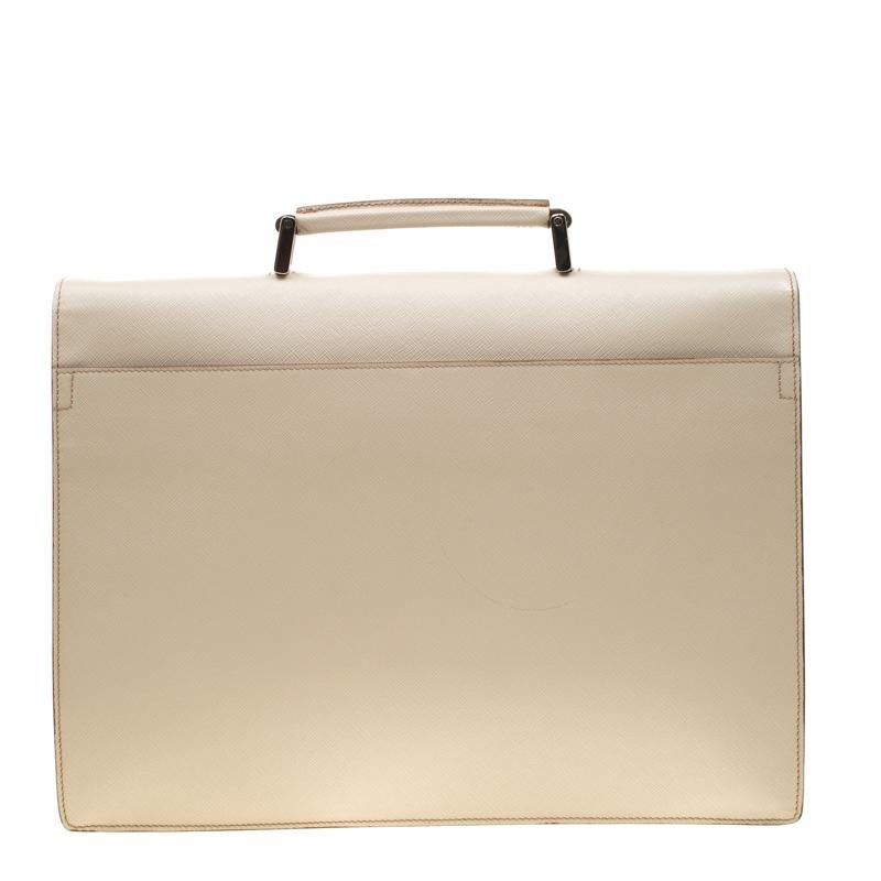Beige Prada Cream Saffiano Cuir Leather Briefcase