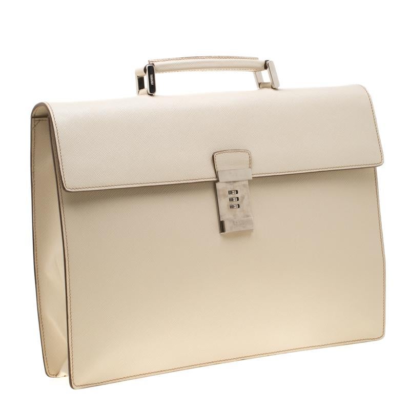 Beige Prada Cream Saffiano Cuir Leather Briefcase