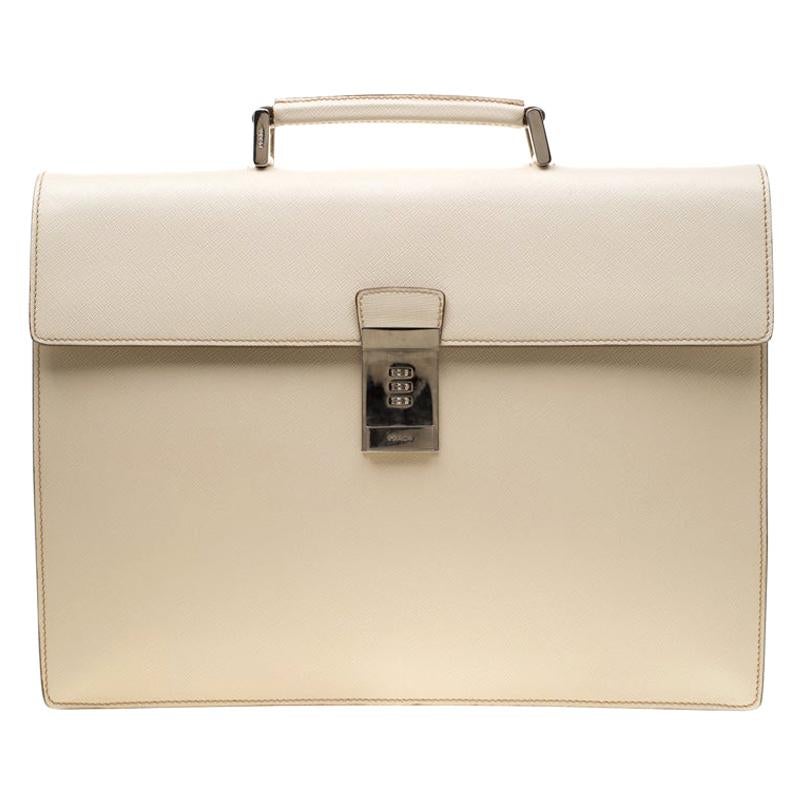 Prada Cream Saffiano Cuir Leather Briefcase