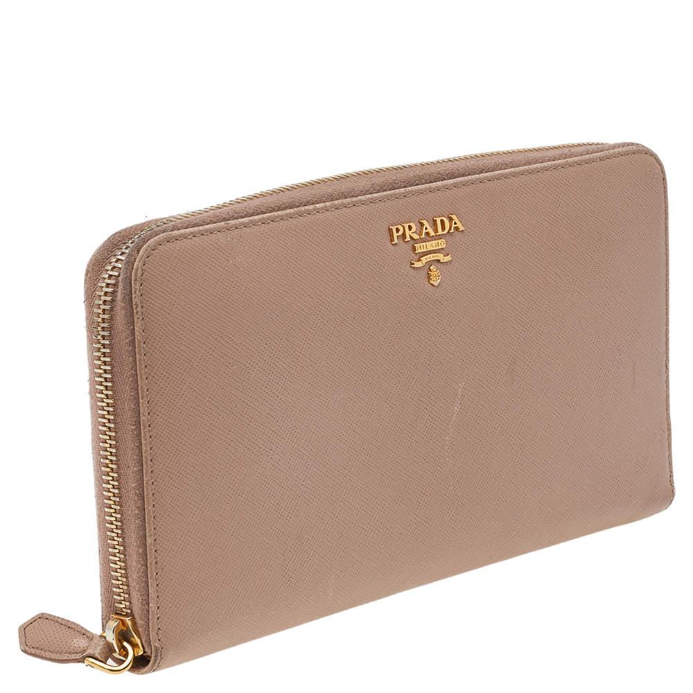 Brown Prada Cream Saffiano Leather Zip Around Wallet