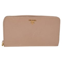 Prada Cream Saffiano Leather Zip Around Wallet