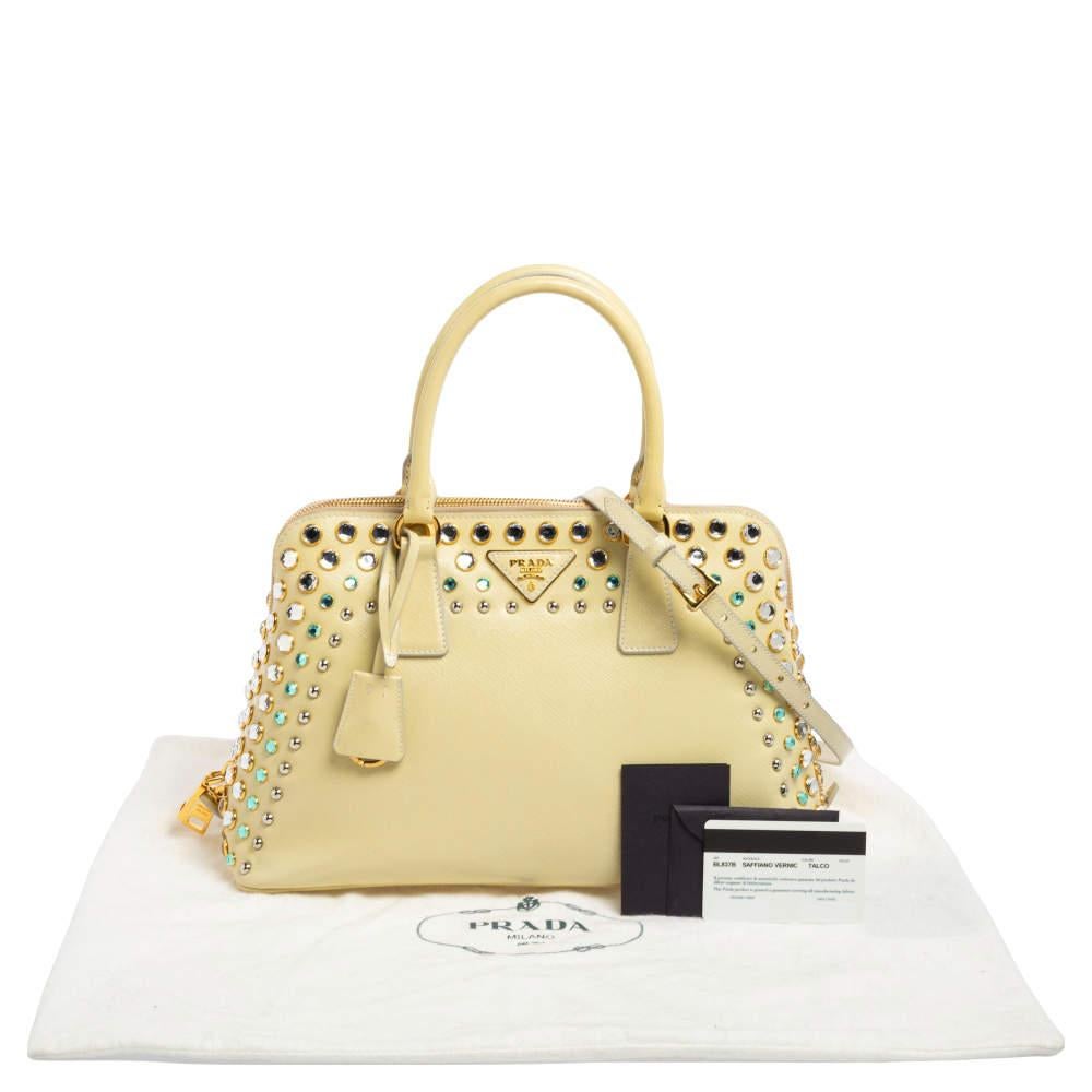 Prada Cream Saffiano Vernic Leather Crystal Embellished Pyramid Frame Satchel 7