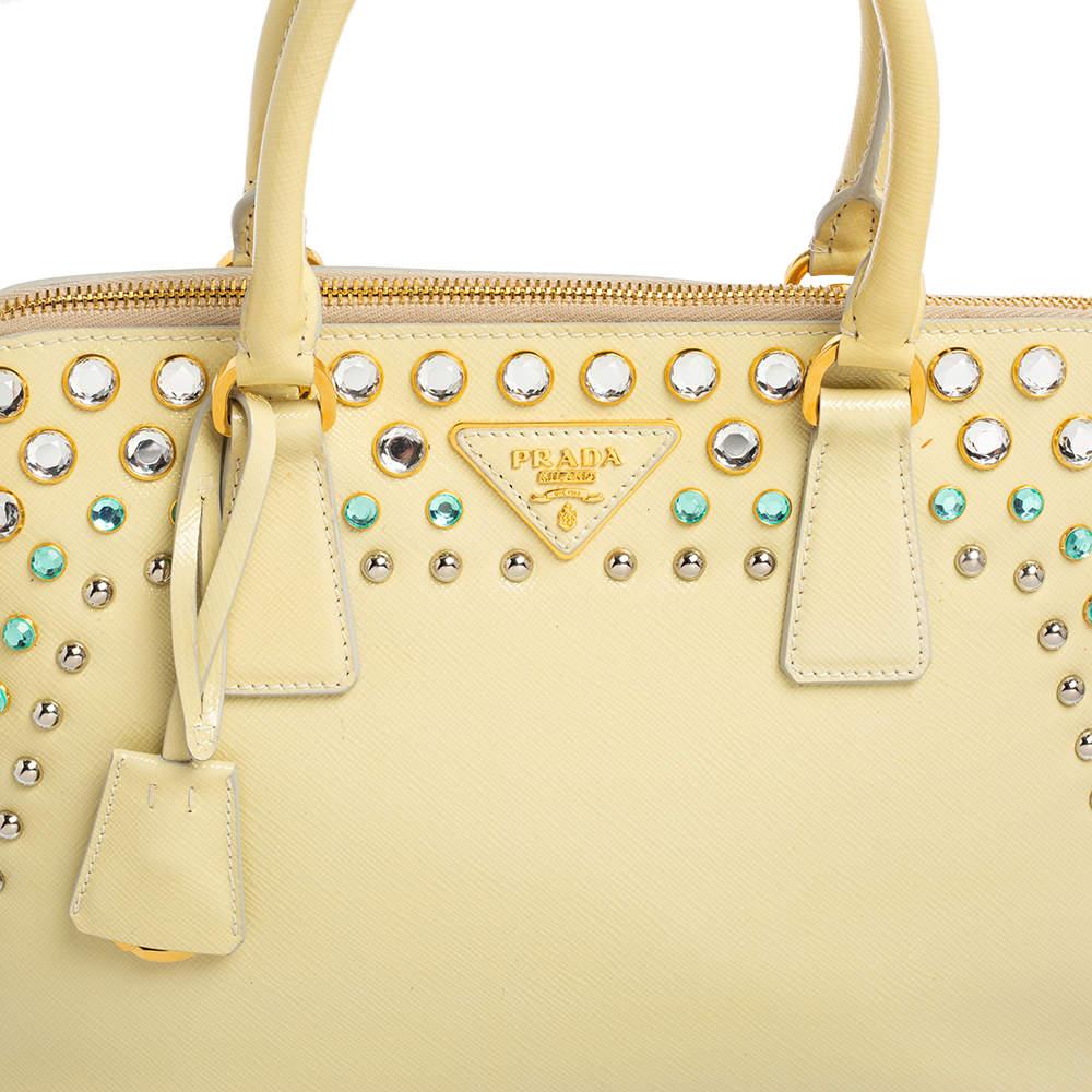 Prada Cream Saffiano Vernic Leather Crystal Embellished Pyramid Frame Satchel 8