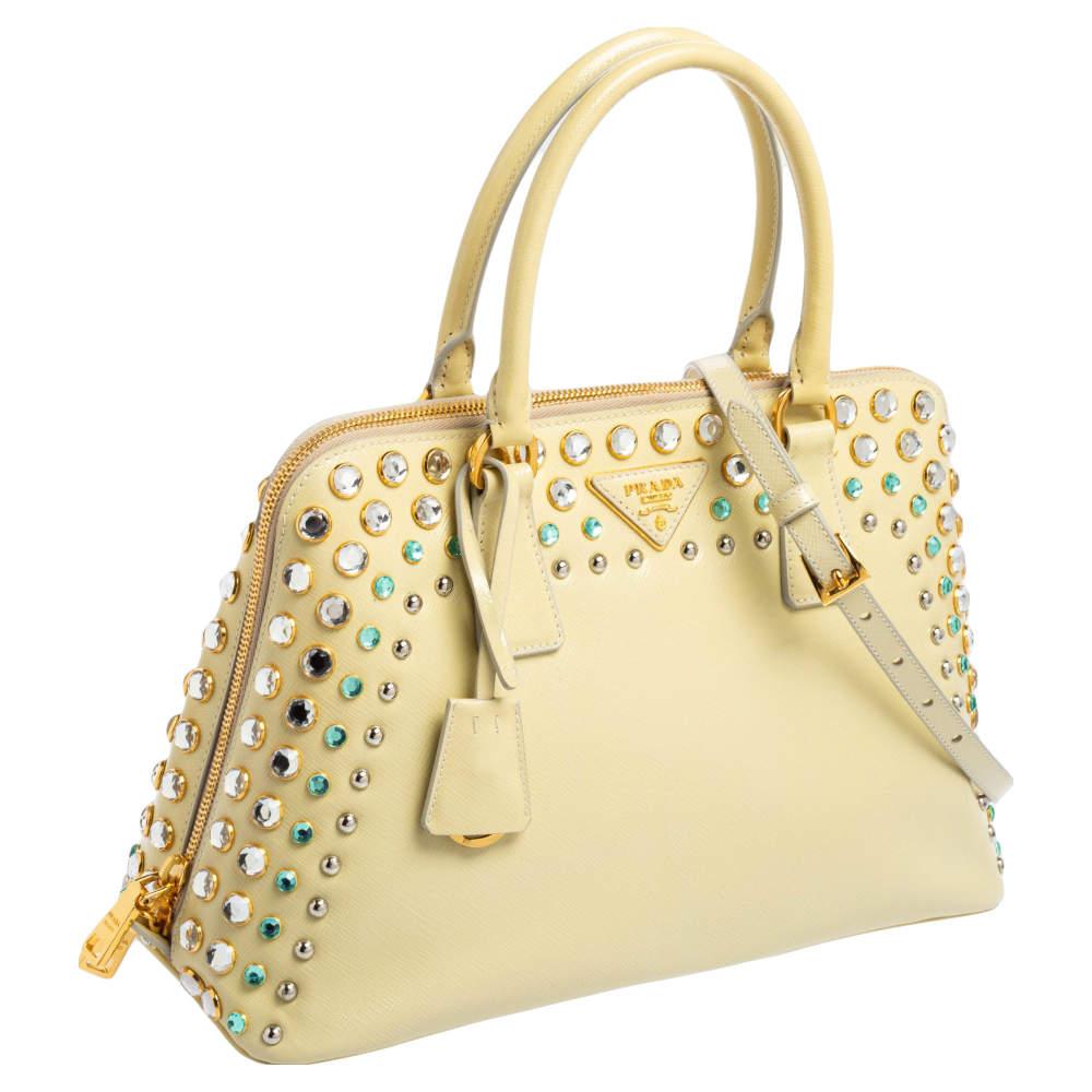 Women's Prada Cream Saffiano Vernic Leather Crystal Embellished Pyramid Frame Satchel