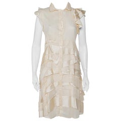 Prada Cream Silk Detachable Collar Detail Ruffled Shirt Dress M