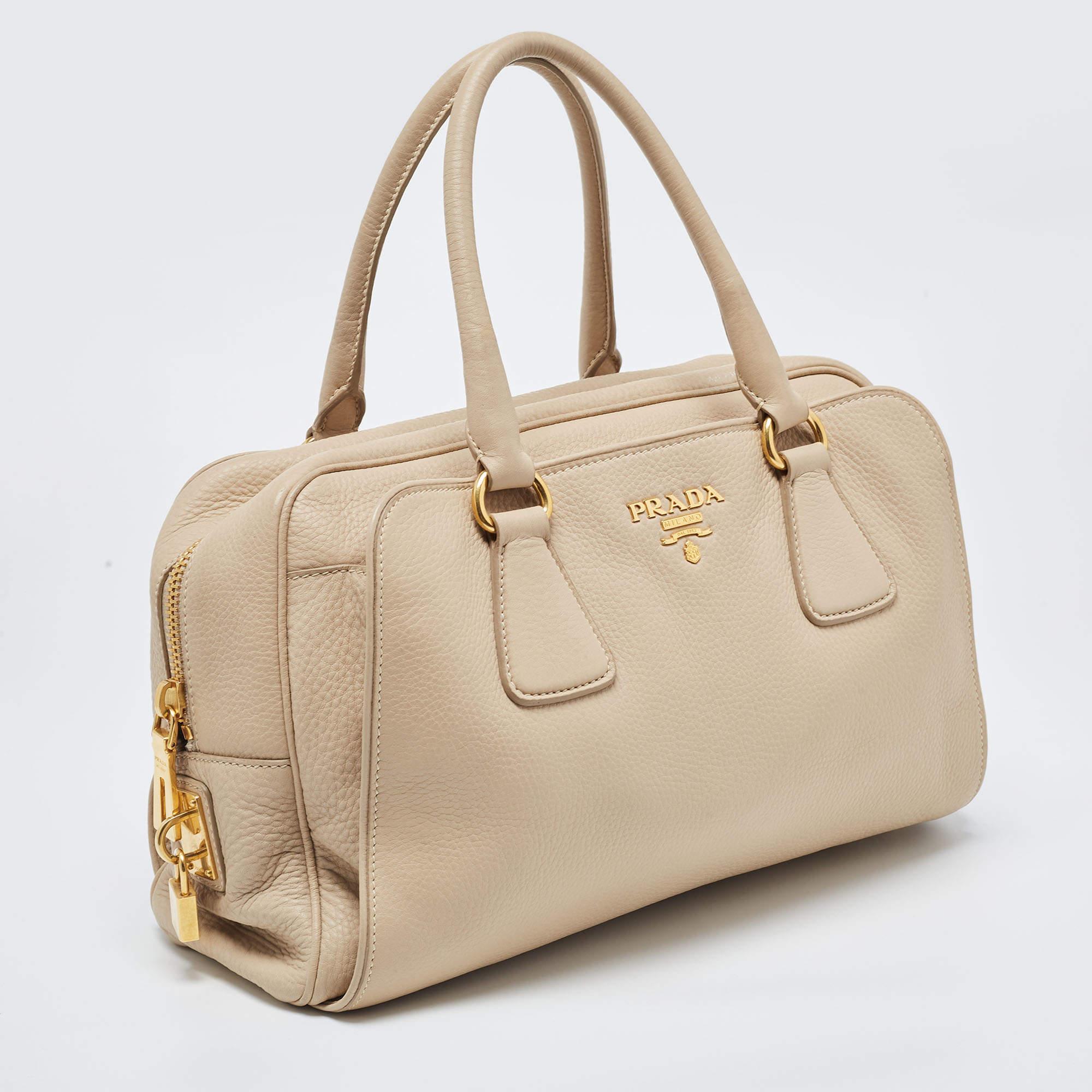 Prada Cream Vitello Daino Leather Zip Bowler Bag In Good Condition In Dubai, Al Qouz 2