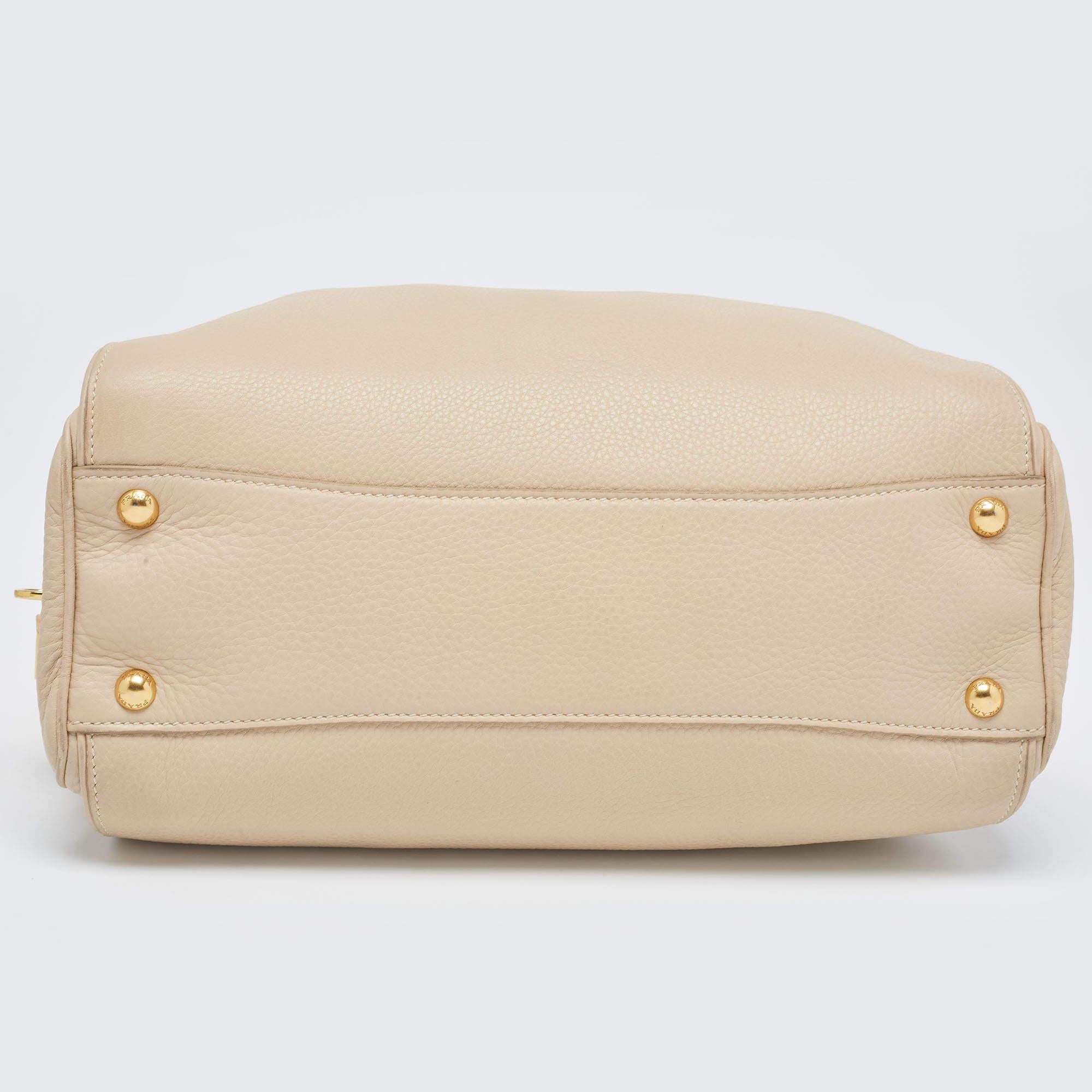 Women's Prada Cream Vitello Daino Leather Zip Bowler Bag