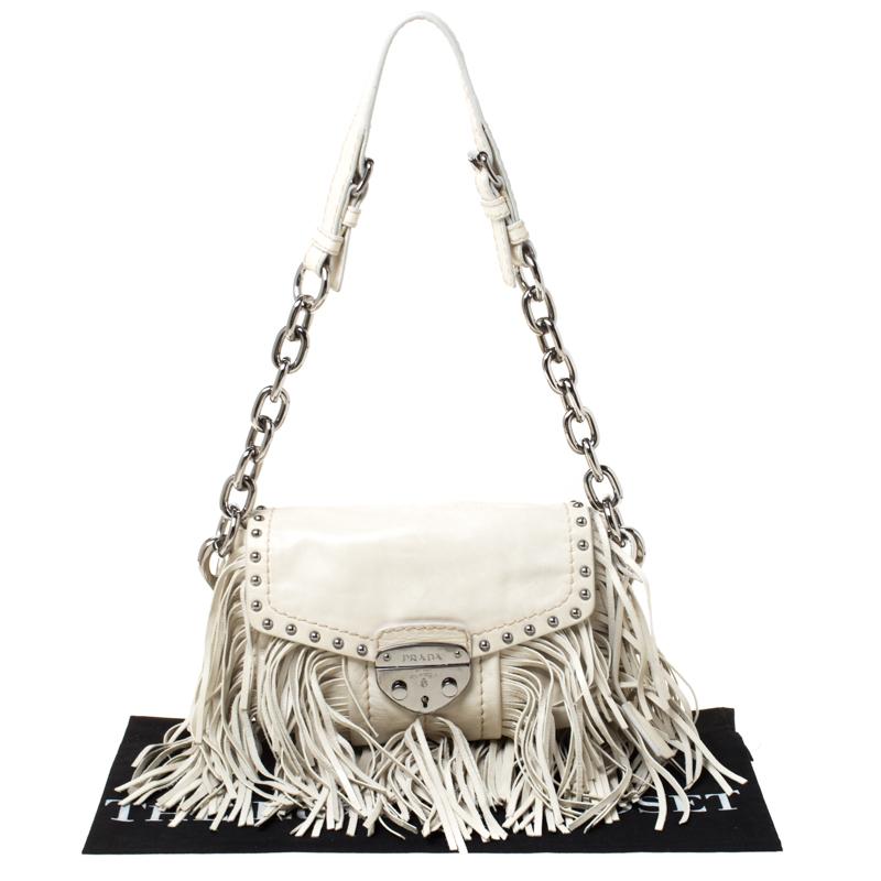 Prada Cream Vitello Shine Leather Fringe Shoulder Bag 7